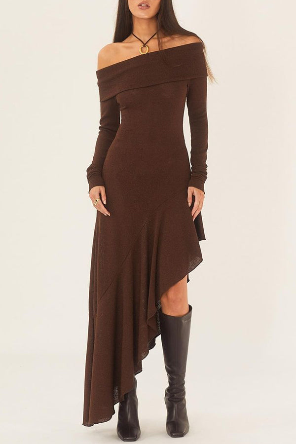 Off Shoulder Long Sleeve Ribbed Knit Asymmetric Drape Hem Maxi Dress