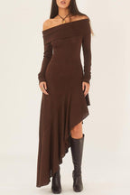 Off Shoulder Long Sleeve Ribbed Knit Asymmetric Drape Hem Maxi Dress