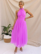 Tulle Midi Dress Halter Pleated Empire Waist Open Back Elegant Prom Dresses