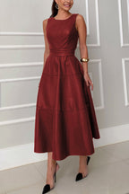 Faux Leather Princess Seam Waist Belt Tiered A-Line Midi Dress