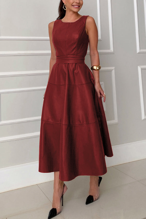 Faux Leather Princess Seam Waist Belt Tiered A-Line Midi Dress