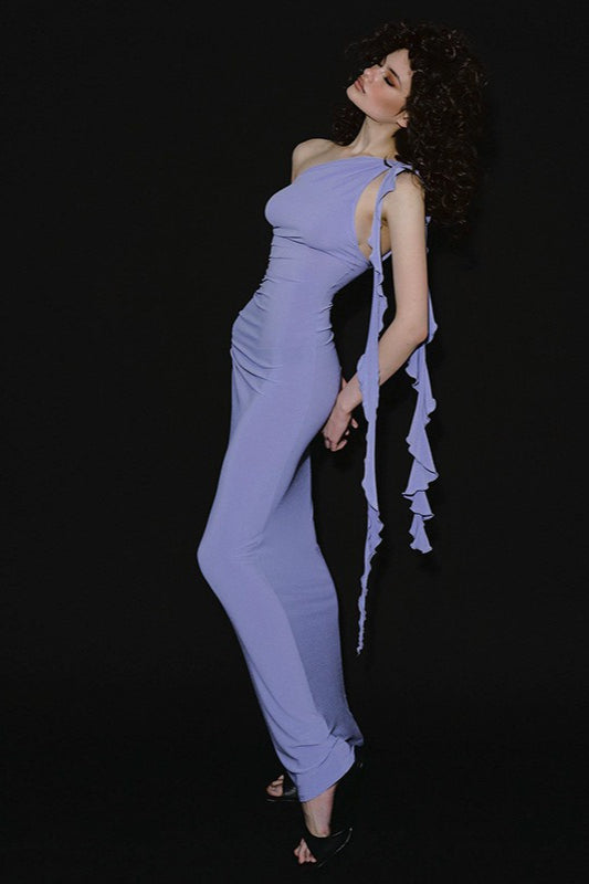 One Shoulder Ruched Cascading Ruffle Trim Bodycon Midi Dress
