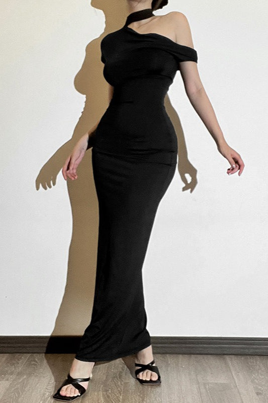 Velvet One Shoulder Choker Strap Cap Sleeve Bodycon Maxi Dress