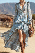Unique Print V-Neck Long Sleeve Irregular Ruffle Maxi Dress