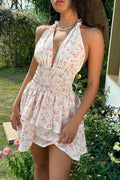 Spaghetti Strap Double Layer Ruffle Backless Ditsy Floral Print Mini Dress