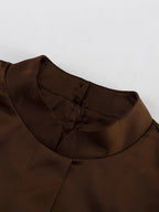 Brown Satin Mini Shirt Dress With High Neck And Lantern Sleeve For Women 2026