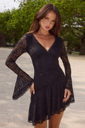 Lace Deep V-Neck Bow Detail Bell Sleeve Asymmetrical Ruffle Hem Mini Dress