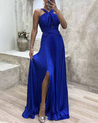 Party pleated halterneck slit dress