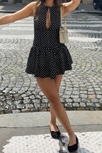 Polka Dot Tie Neck Keyhole Drop Waist Ruffle Hem Mini Dress