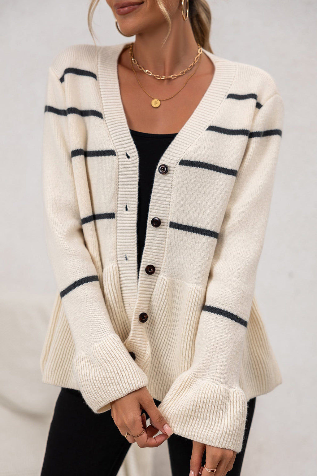 V-Neck Striped Loose Fit Knit Cardigan