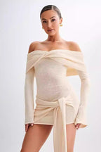 Off Shoulder Ribbed Knit Flared Sleeve Wrap Tie Mini Dress
