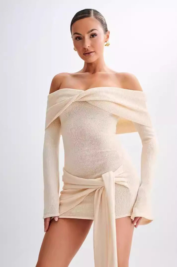Off Shoulder Ribbed Knit Flared Sleeve Wrap Tie Mini Dress