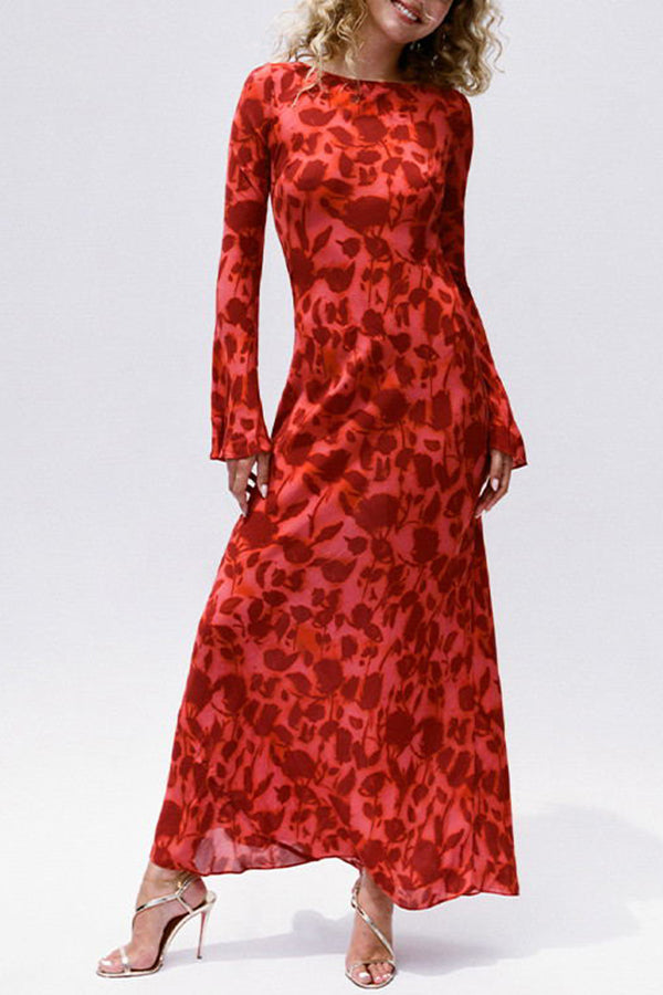 Floral Print Scoop Neck Bell Sleeve Bias Cut Maxi Dress