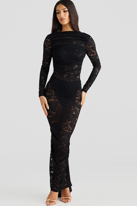 Open Back Long Sleeve Floral Lace Illusion Overlay Bodycon Maxi Dress