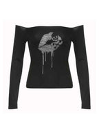 Off Shoulder Lip Skull Print Long Sleeve Tee
