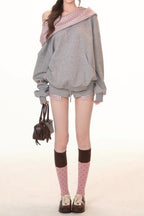 Cute Plaid PatchworkOff-the-shoulder Oversized Two Piece Set