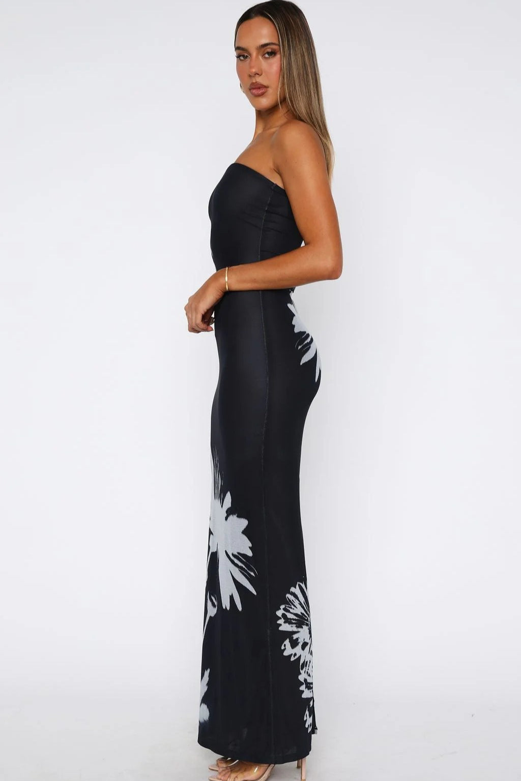 Black Strapless Bodycon Abstract Floral Placement Print Maxi Dress