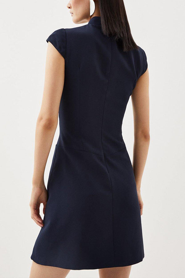 Cap Sleeve Mock Neck Pleated Panel Asymmetrical Mini Dress
