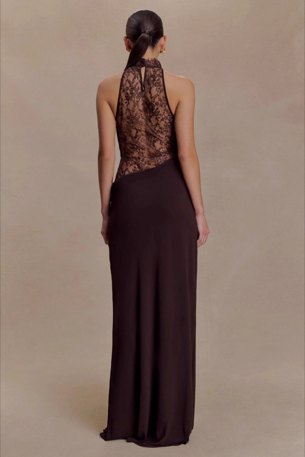 Brown Halter Lace Cowl Bodycon Dress