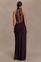 Brown Halter Lace Cowl Bodycon Dress