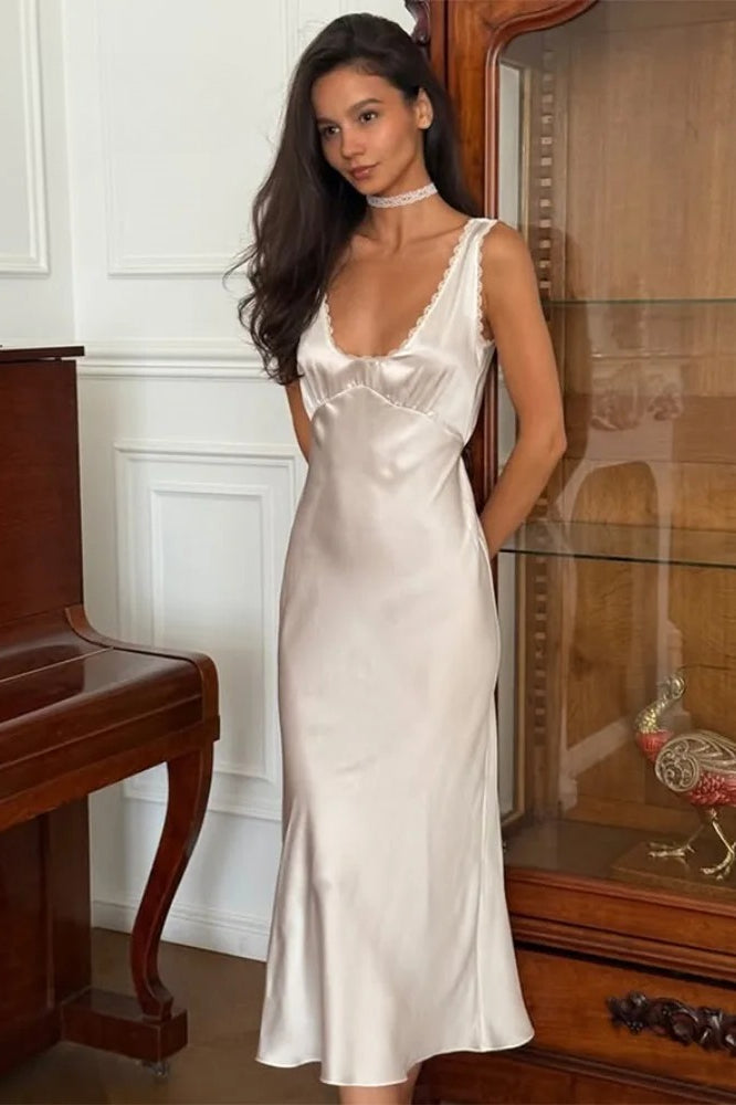 Satin Lace Trim Empire Waist Gathered Bodice Bias Cut Midi Slip Dress