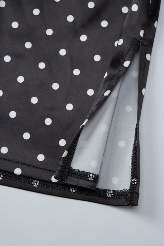 Black Spaghetti Strap Sweetheart Neck Lace Trim Polka Dot Side Slit Mini Dress