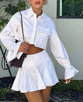 White Pockets Crop Pleated Mini Office Two Piece Set
