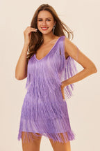 Sleeveless Tassel Trim Fringe Hem Mini Dress