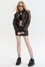 PU Leather Zip Up Bomber Jacket