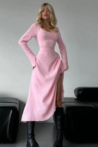 Elegant Fitted Long Sleeve Square Neck A-Line Party Dress