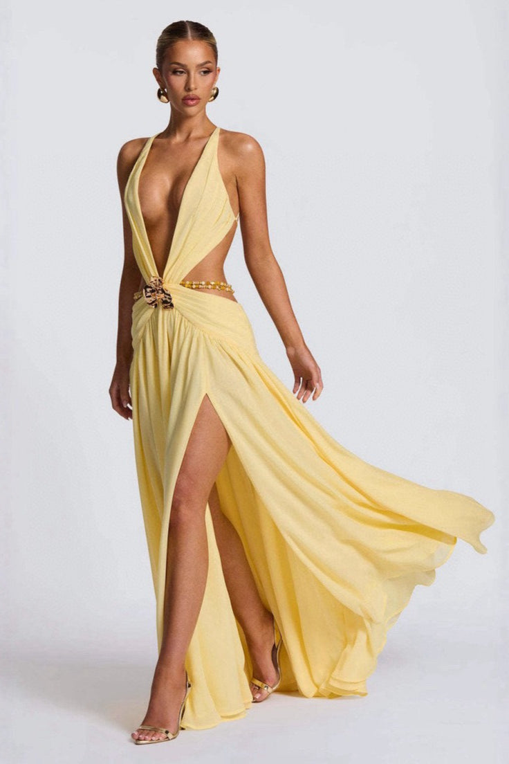 Plunging V Neck Halter Cut Out Waist Buckle High Slit Maxi Dress