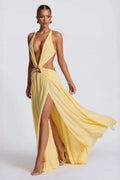 Plunging V Neck Halter Cut Out Waist Buckle High Slit Maxi Dress