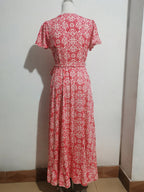 Floral Boho Short Sleeve Wrap Maxi Dress - V Neck Belted High-Low Flowy Sun Dress - Summer Beach Vacation 2026