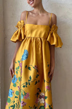 Floral Print Cold Shoulder Ruffle Sleeve Empire Waist Pocket Midi Dress