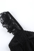 Black Square Neck Ruffle Trim Sheer Lace Ribbon Tie Maxi Dress