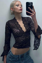 Slim-Fitting Short Open-Button Lace Blouse