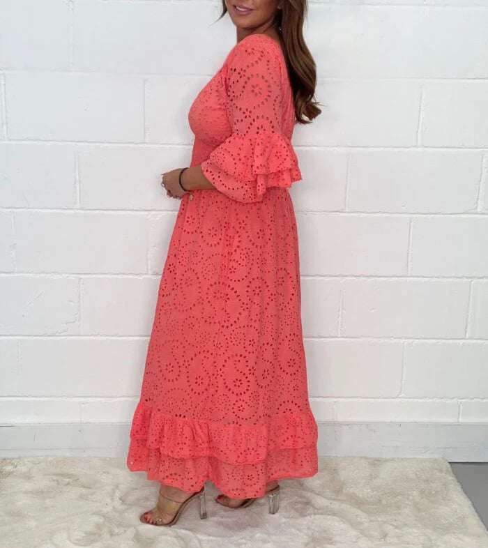 Eyelet Broderie Smocked V Neck Tiered Ruffle Bell Sleeve Maxi Dress