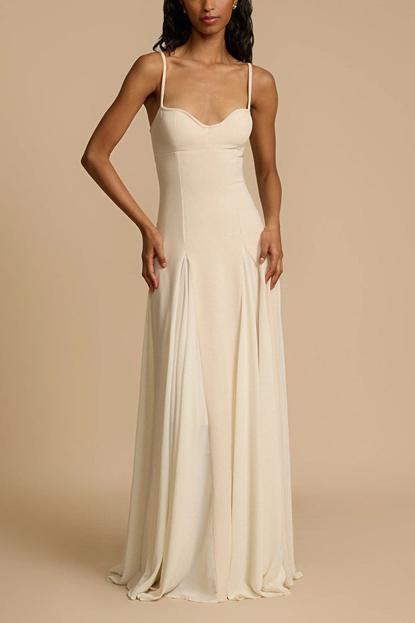 Spaghetti Strap Sweetheart Princess Seam Godet Panel Maxi Gown
