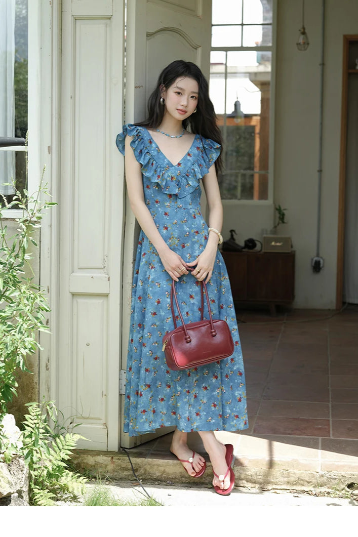 Floral Print Ruffle Trim V-Neck Cap Sleeve Fit and Flare Maxi Summer Dress
