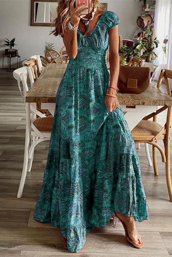 Paisley Print Ruffle V Neck Smocked Waist Tiered Maxi Dress