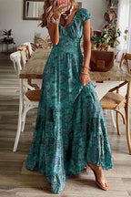 Paisley Print Ruffle V Neck Smocked Waist Tiered Maxi Dress