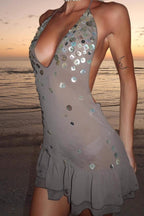 Halter Neck Deep V Sheer Mesh Mother-of-Pearl Button Tiered Ruffle Mini Dress