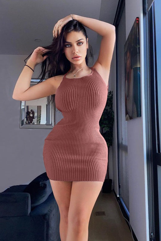 Ribbed Knit Spaghetti Strap Scoop Neck Bodycon Mini Sweater Dress