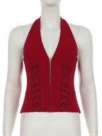 Halterneck Corset Top With Zipper And Back Lace-up Detail For Night Club 2026
