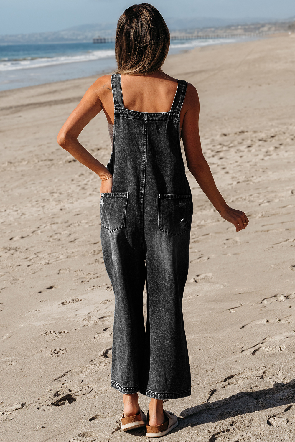 Blue Zone Planet | Stone Blue Distressed Bib Pocket Wide Leg Denim Overall