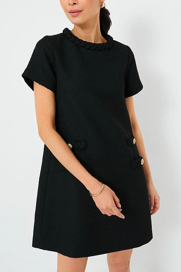 Tweed Braided Trim Crew Neck Button Welt Shift Mini Dress
