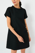 Tweed Braided Trim Crew Neck Button Welt Shift Mini Dress