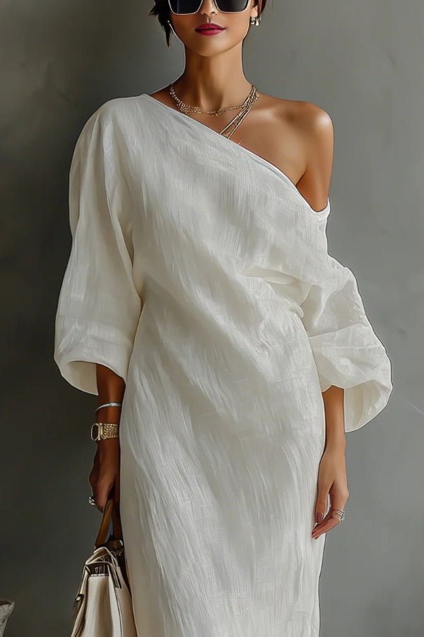 Linen Blend Loose-fitting Slanted Neck Lantern Sleeve Casual Maxi Dress