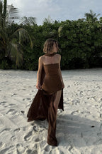 Strapless Structured Bodice Choker Neck Layered Sheer Chiffon Maxi Dress