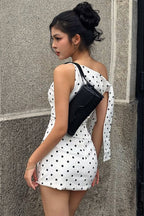 Boat Neck Polka Dot Asymmetric Shoulder Tie Detail Bodycon Mini Dress